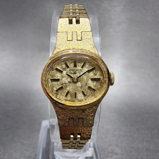 Seiko Watch Women 17mm Gold Dial Gold Tone Oval 14007389 New Battery Vintage A10