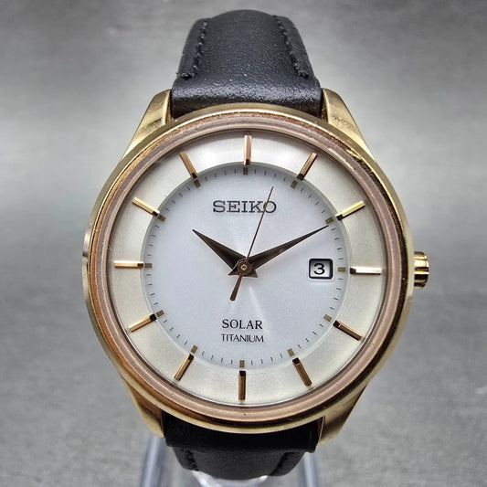 Seiko Solar Watch Women 29mm White Dial Rose Gold Tone Titanium Date Round Runs0
