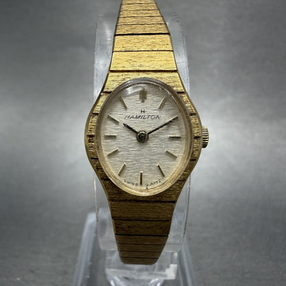 Hamilton Watch Women 16mm White Dial Gold Tone Oval New Battery Vintage0