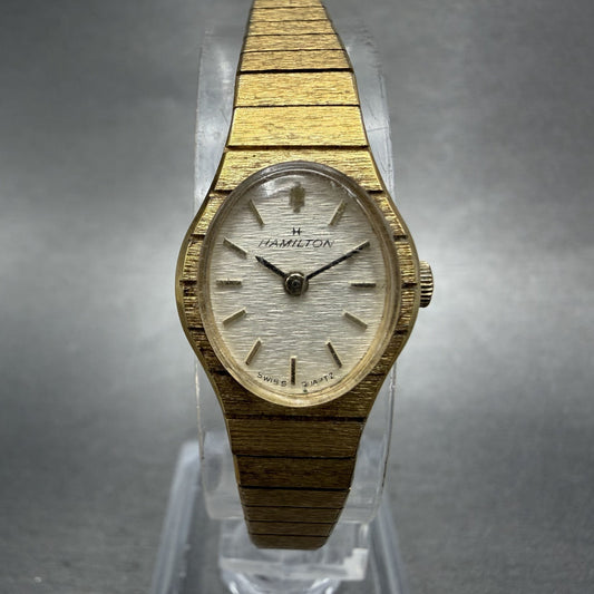 Hamilton Watch Women 16mm White Dial Gold Tone Oval New Battery Vintage0