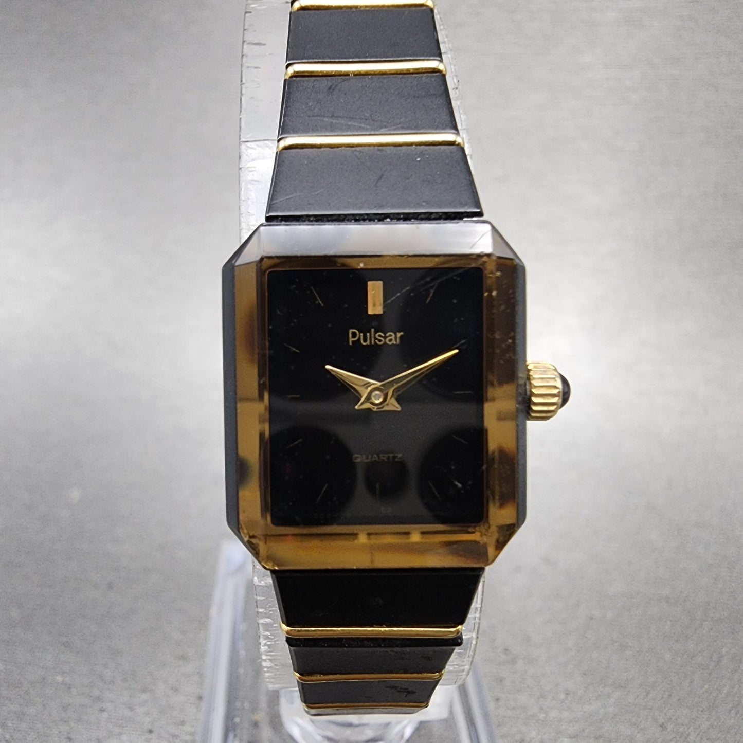 Pulsar Tank Watch Women 17mm Black Dial Black Gold Tone Rectangle New battery0
