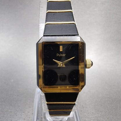 Pulsar Tank Watch Women 17mm Black Dial Black Gold Tone Rectangle New battery0