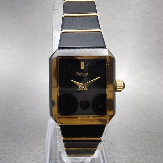 Pulsar Tank Watch Women 17mm Black Dial Black Gold Tone Rectangle New battery0