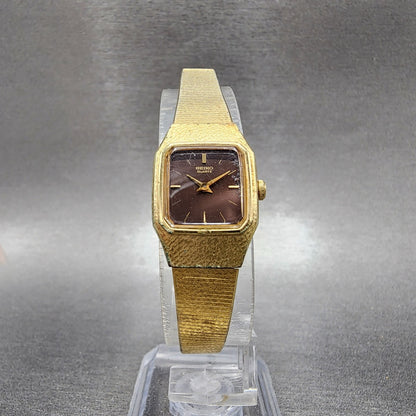 Seiko Watch Women 16mm Brown Dial Gold Tone Rectangle 2C20-5789 New Battery VTG