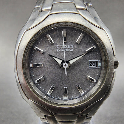 Citizen EcoDrive Watch Women 25mm Silver Dial Silver Tone Date E011S049601 Run1