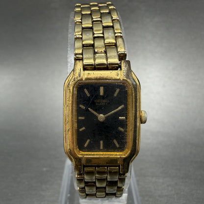 Seiko Tank Watch Women 17mm Black Dial Gold Tone Rectangle V400-5498 New Batt HJ0