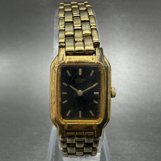 Seiko Tank Watch Women 17mm Black Dial Gold Tone Rectangle V400-5498 New Batt HJ0