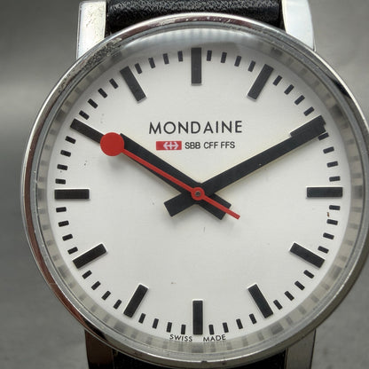 Mondaine Watch Men 35mm White Dial Steel Round Leather Band New Battery1