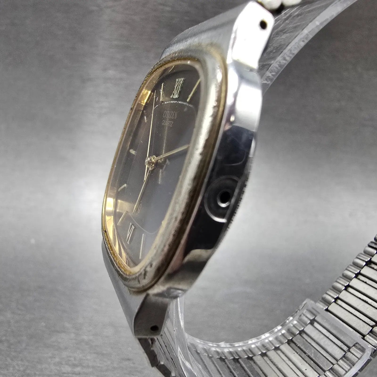 Citizen CQ Watch Men 33mm Brown Dial Two Tone Rectangle 1230-214528 Runs PARTS3
