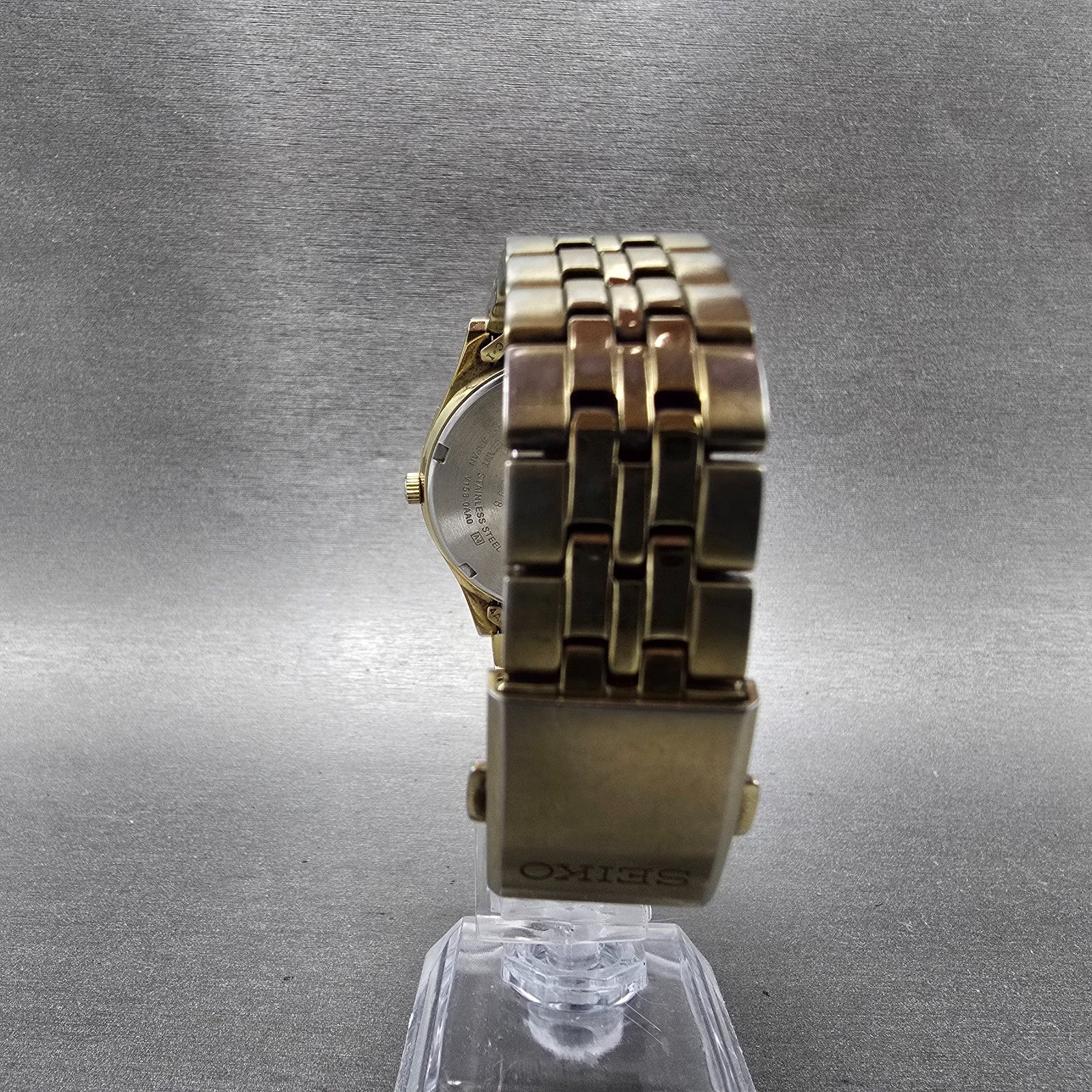 Seiko Solar Watch Men 37mm Champagne Dial Gold Tone Daydate V158-0aa0 Runs QR8