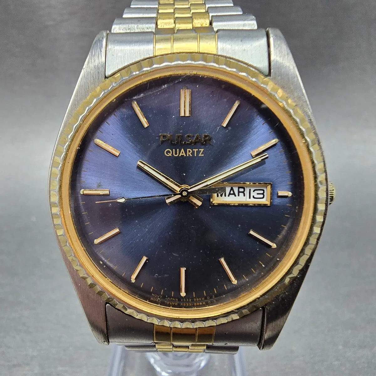 Pulsar President Watch Men 35mm Blue Dial Two Tone Daydate Round V533-8B50 PARTS0