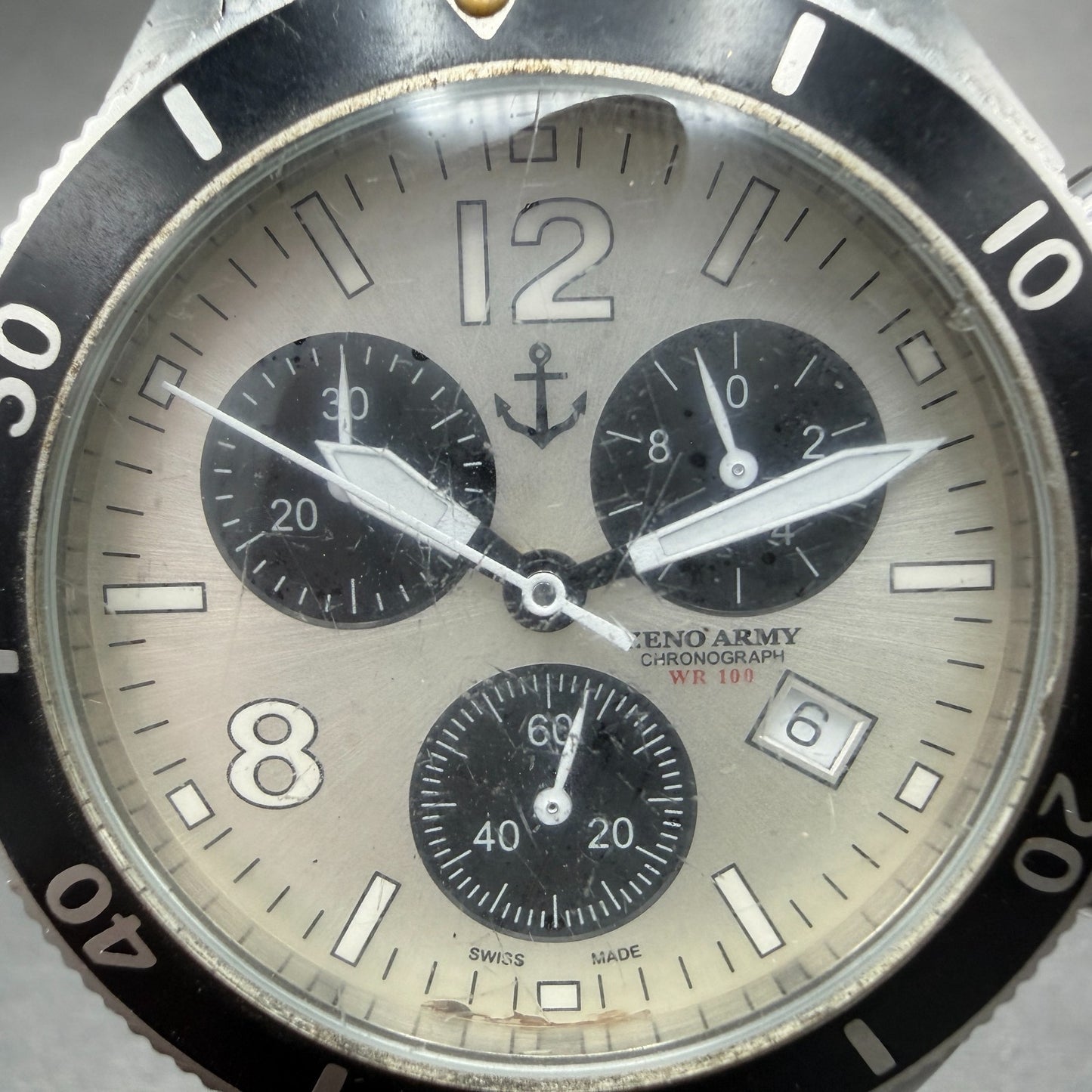 Zeno Army Chronograph Dive Watch Men 44mm White Dial Steel Date Round READ!!!!!!1