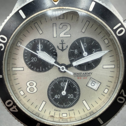 Zeno Army Chronograph Dive Watch Men 44mm White Dial Steel Date Round READ!!!!!!1