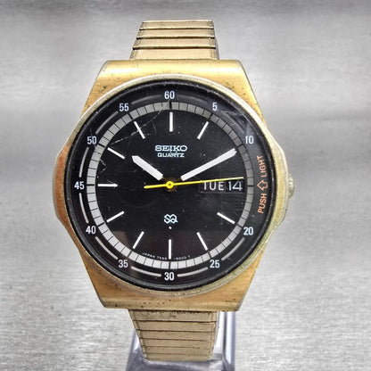 Seiko SQ Watch Men 36mm Black Dial Gold Tone Daydate 7559-6009 New Battery READ0