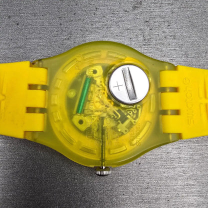 Swatch Yellow Laquered Watch Men 41mm Skeleton Dial Round SUOJ100 New Battery10