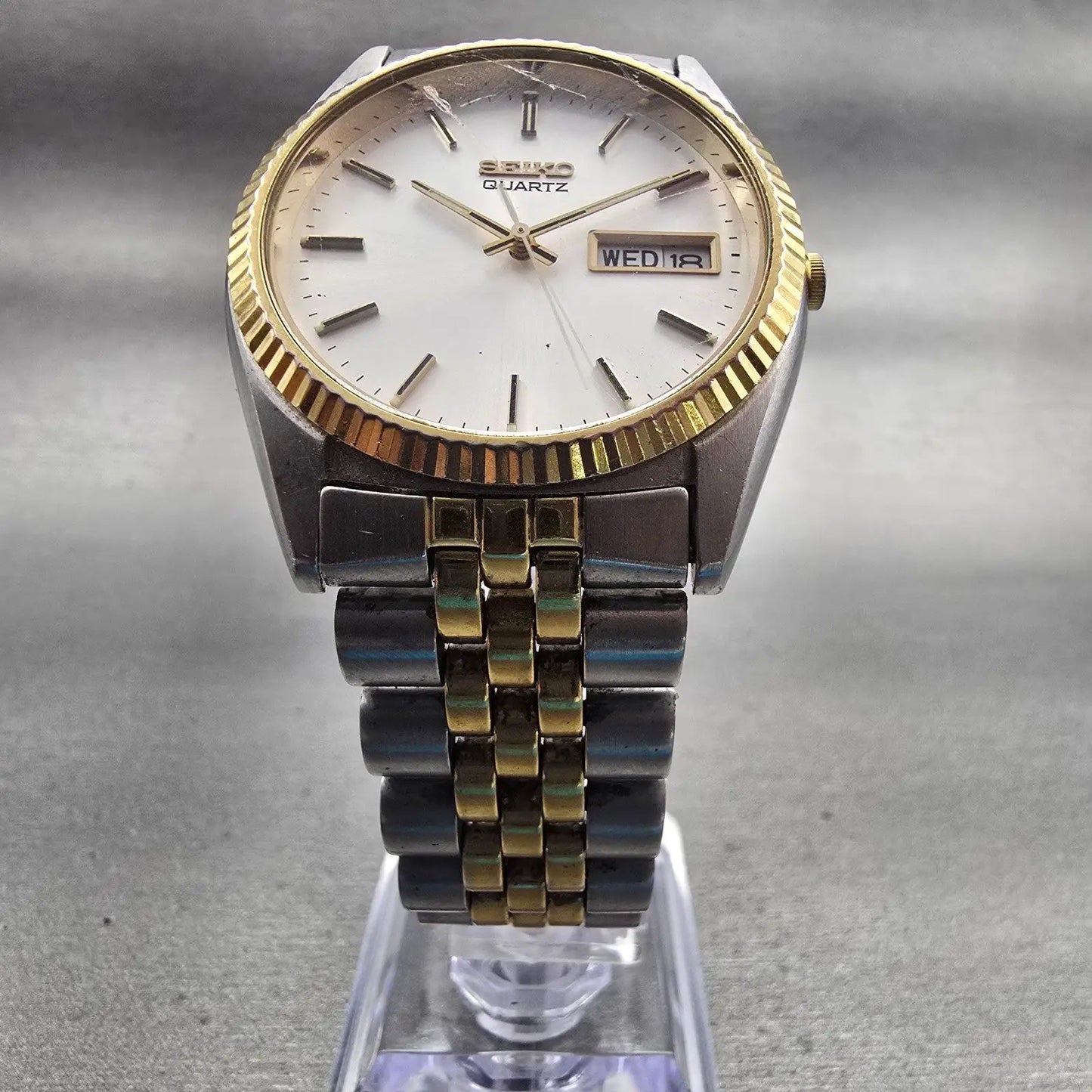 Seiko President Watch Men 35mm Silver Dial Two Tone Daydate 7N43-8119 New Batt5