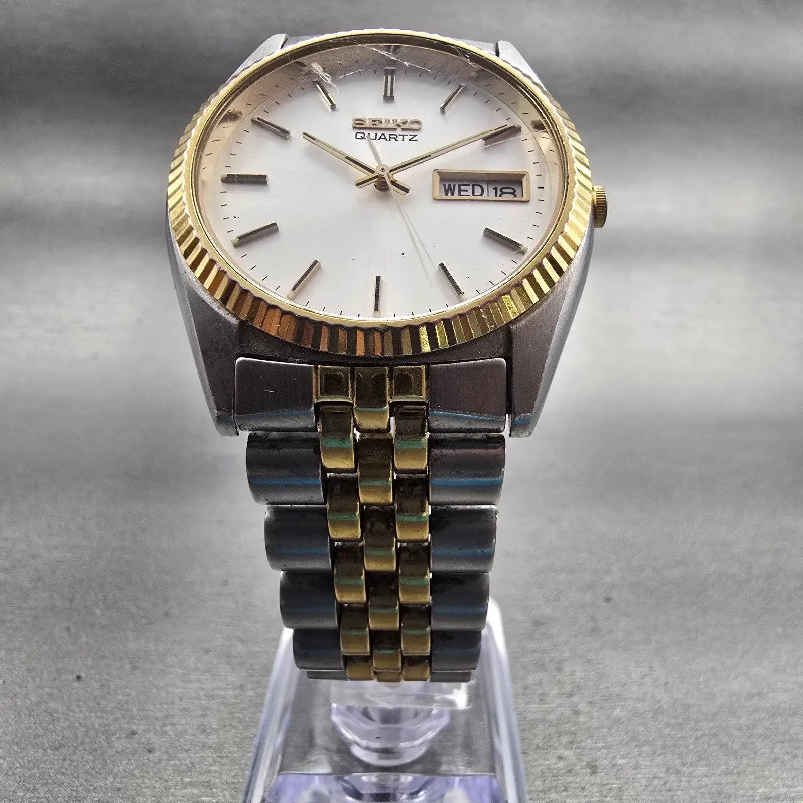 Seiko President Watch Men 35mm Silver Dial Two Tone Daydate 7N43-8119 New Batt5