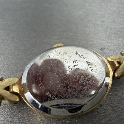 Elgin Watch Women 18mm MOP Dial Gold Tone Oval Ruby Diamond Bezel New Battery AB9
