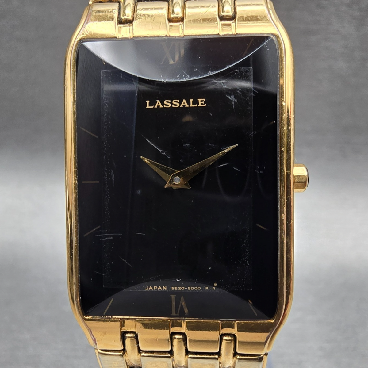 Seiko Lassale Tank Watch Men 22mm Black Dial Gold Rectangle 5E20-5009 New Batt1