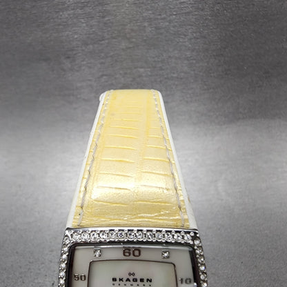 Skagen Tank Watch Women 27mm MOP Dial Silver Tone Rectangle Leather New Battery4