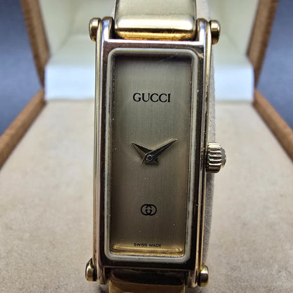 Gucci 1500L Tank Watch Women 13mm Champagne Dial Gold Tone Rectangle New Bat Box1