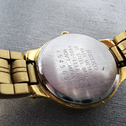 Seiko Watch Women 21mm Black Dial Gold Tone Round V4011111 New Battery9