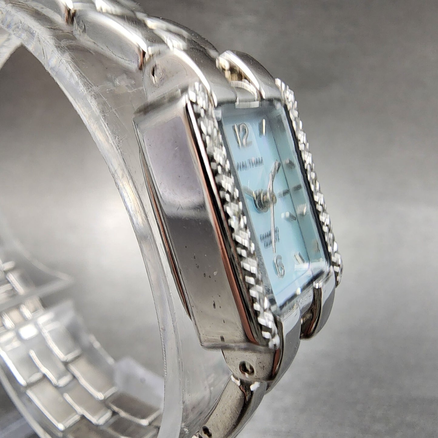 Waltham Tank Watch Women 17mm Blue MOP Dial Silver Tone Rectangle New Battery