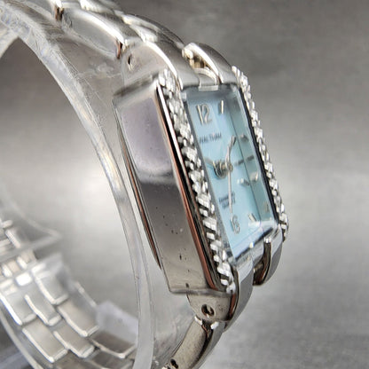 Waltham Tank Watch Women 17mm Blue MOP Dial Silver Tone Rectangle New Battery