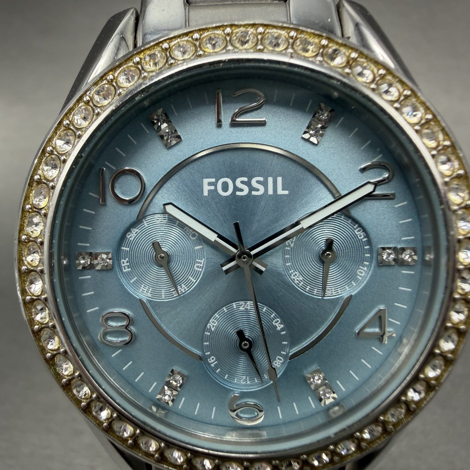 Fossil Riley Watch Women 39mm Blue Dial Silver Tone Daydate Round ES3529 New Bat1