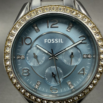 Fossil Riley Watch Women 39mm Blue Dial Silver Tone Daydate Round ES3529 New Bat1