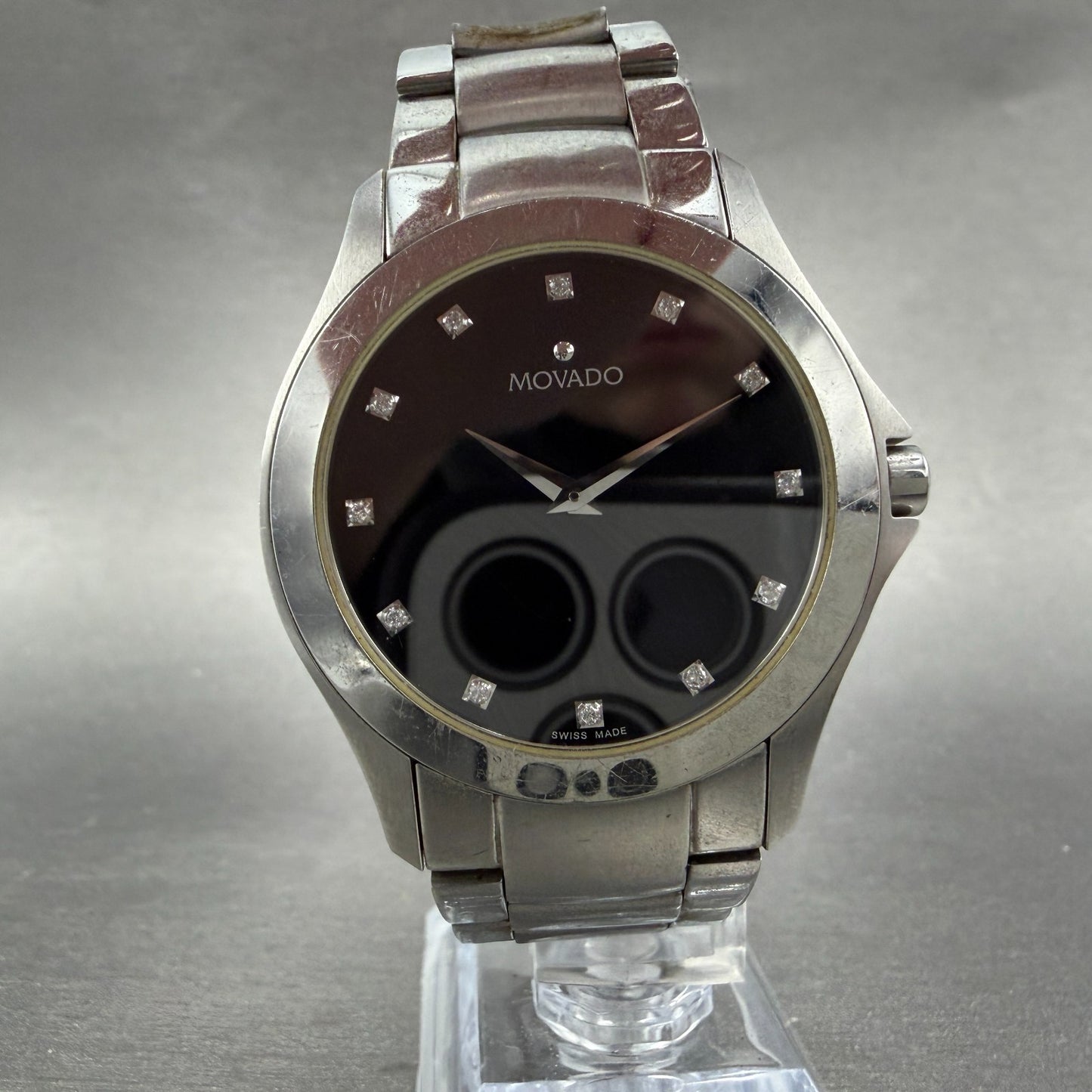 Movado Faceto Watch Men 39mm Black Dial Silver Tone 84 G2 1855 New Battery ABC5