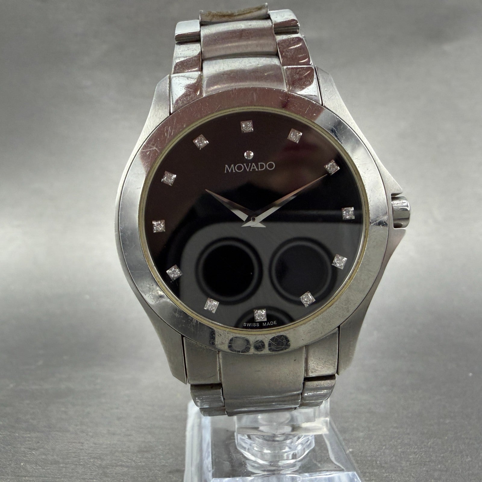 Movado Faceto Watch Men 39mm Black Dial Silver Tone 84 G2 1855 New Battery ABC5