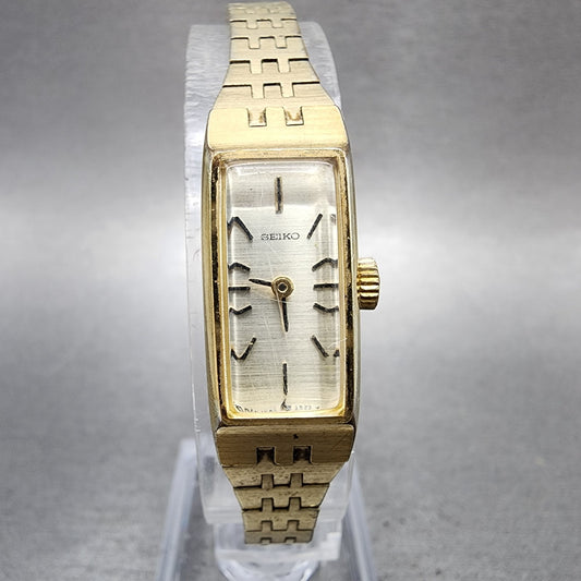 Seiko Tank Watch Women 12mm Champagne Dial Gold Tone Rectangle Manual Wind READ!0