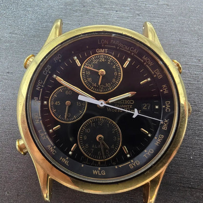 Seiko World Time Watch Men 37mm Black Dial Gold Tone Alarm Date 5T52-6A39 PARTS72