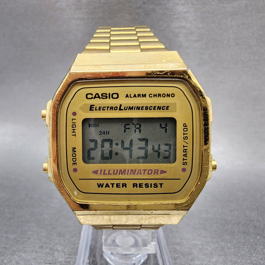Casio Illuminator A168 Watch Men 36mm Digital Gold Tone Alarm Chrono New Battery0
