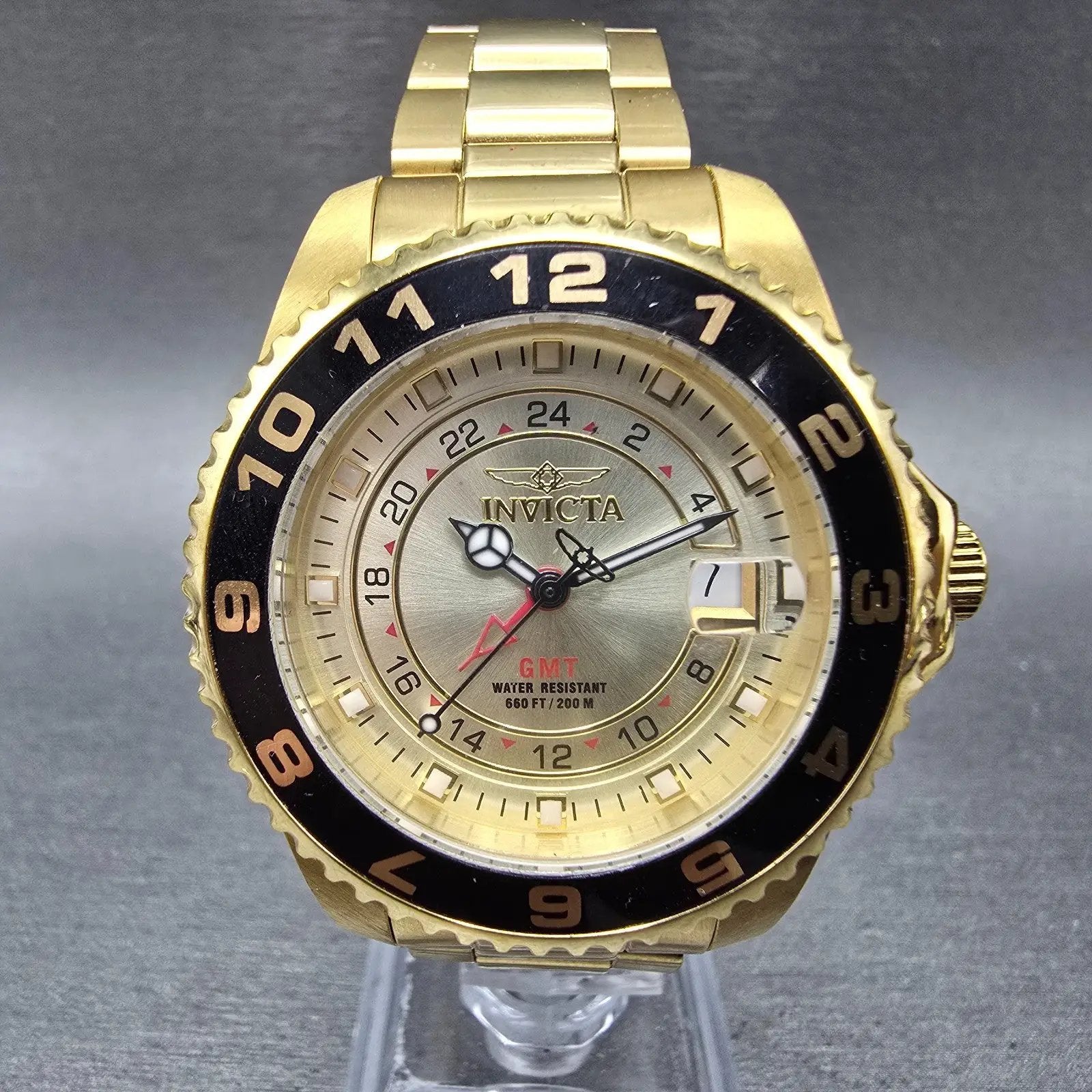 Invicta GMT Watch Unisex 38mm Champagne Dial Gold Tone Date 18252 New Battery0