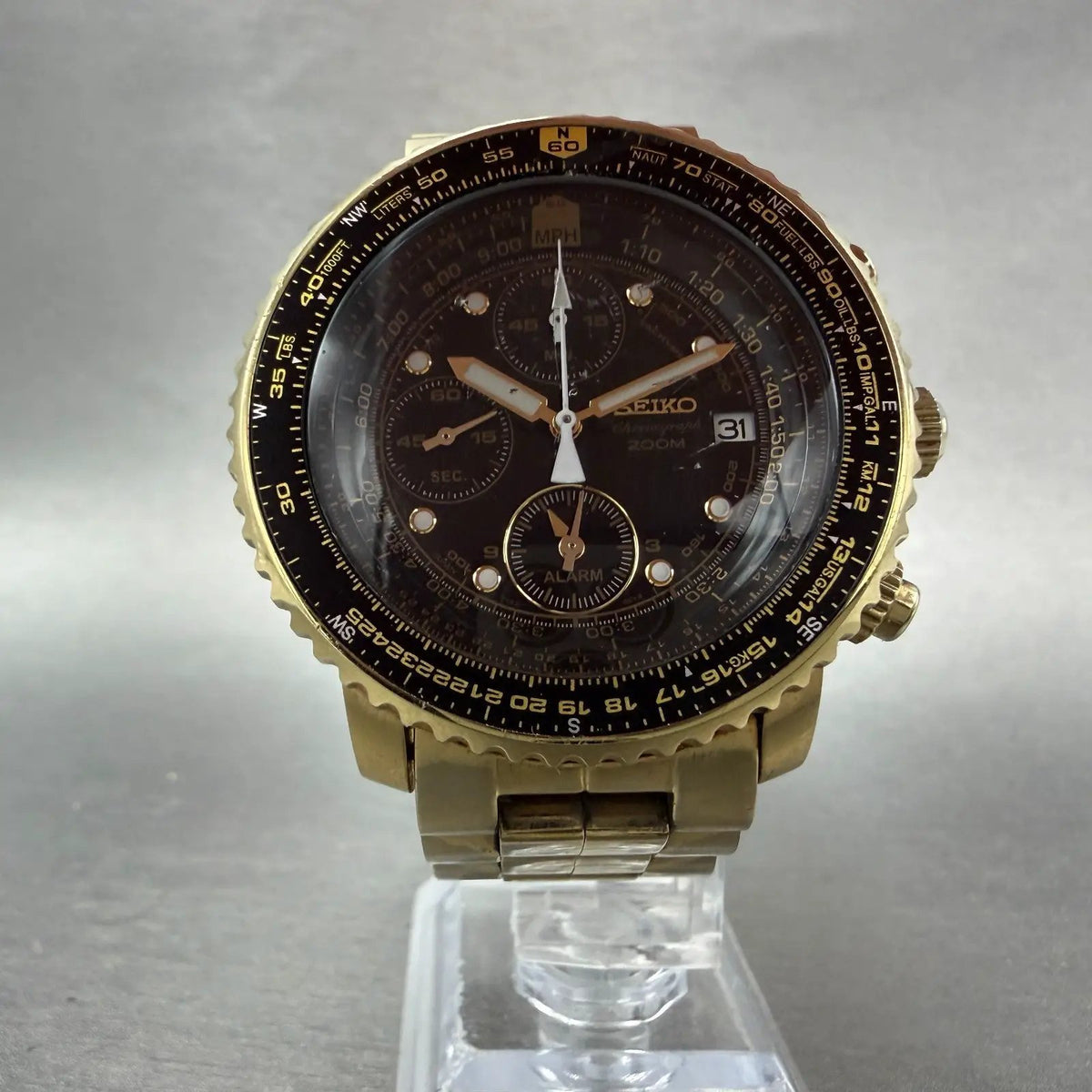 Seiko Flightmaster Chronograph Watch Men 42mm Black Dial Gold Tone Date New Batt5