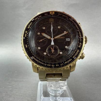 Seiko Flightmaster Chronograph Watch Men 42mm Black Dial Gold Tone Date New Batt5