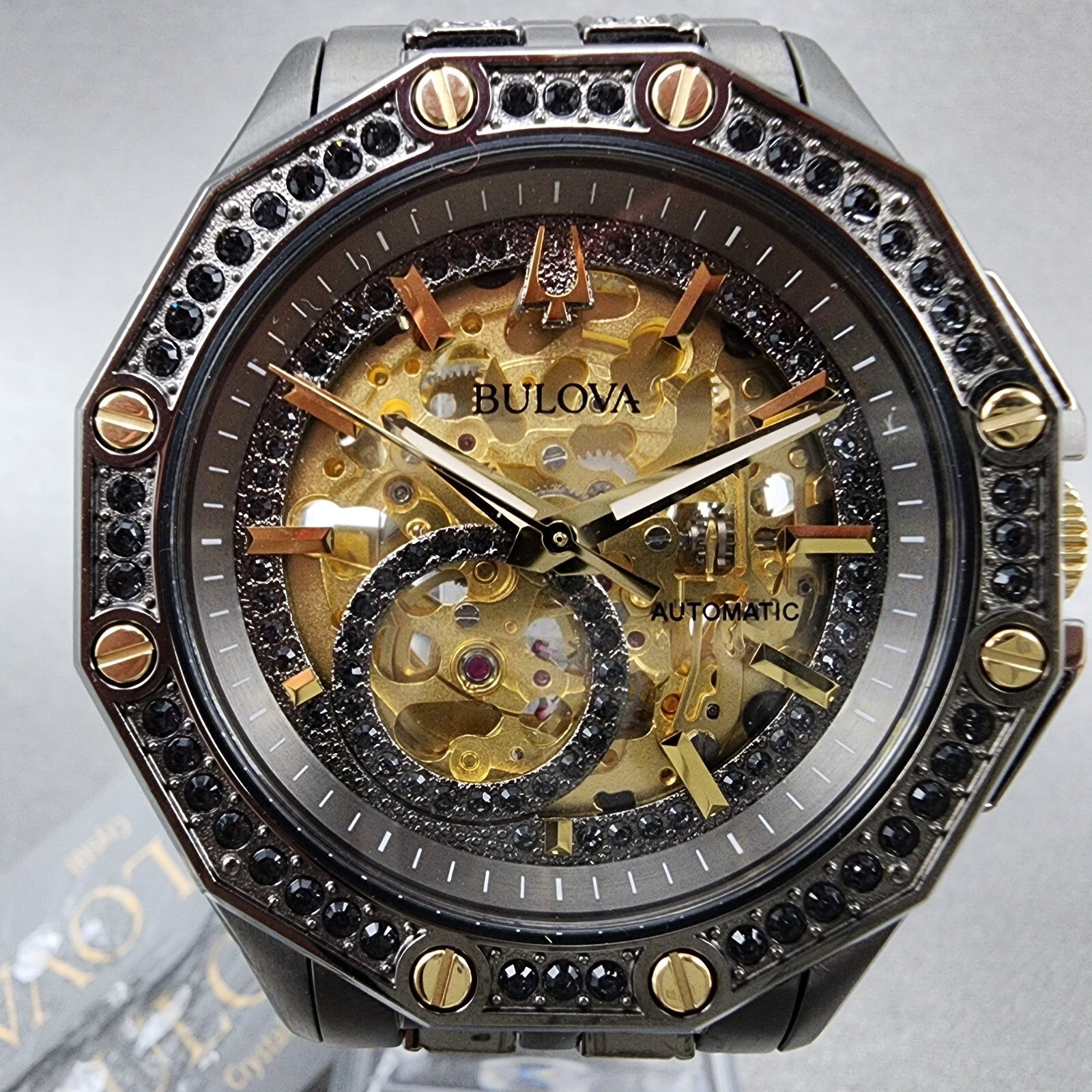 Bulova Octava Watch Men 42mm Gold Skeleton Dial Gunmetal Crystal Bezel 98A2931