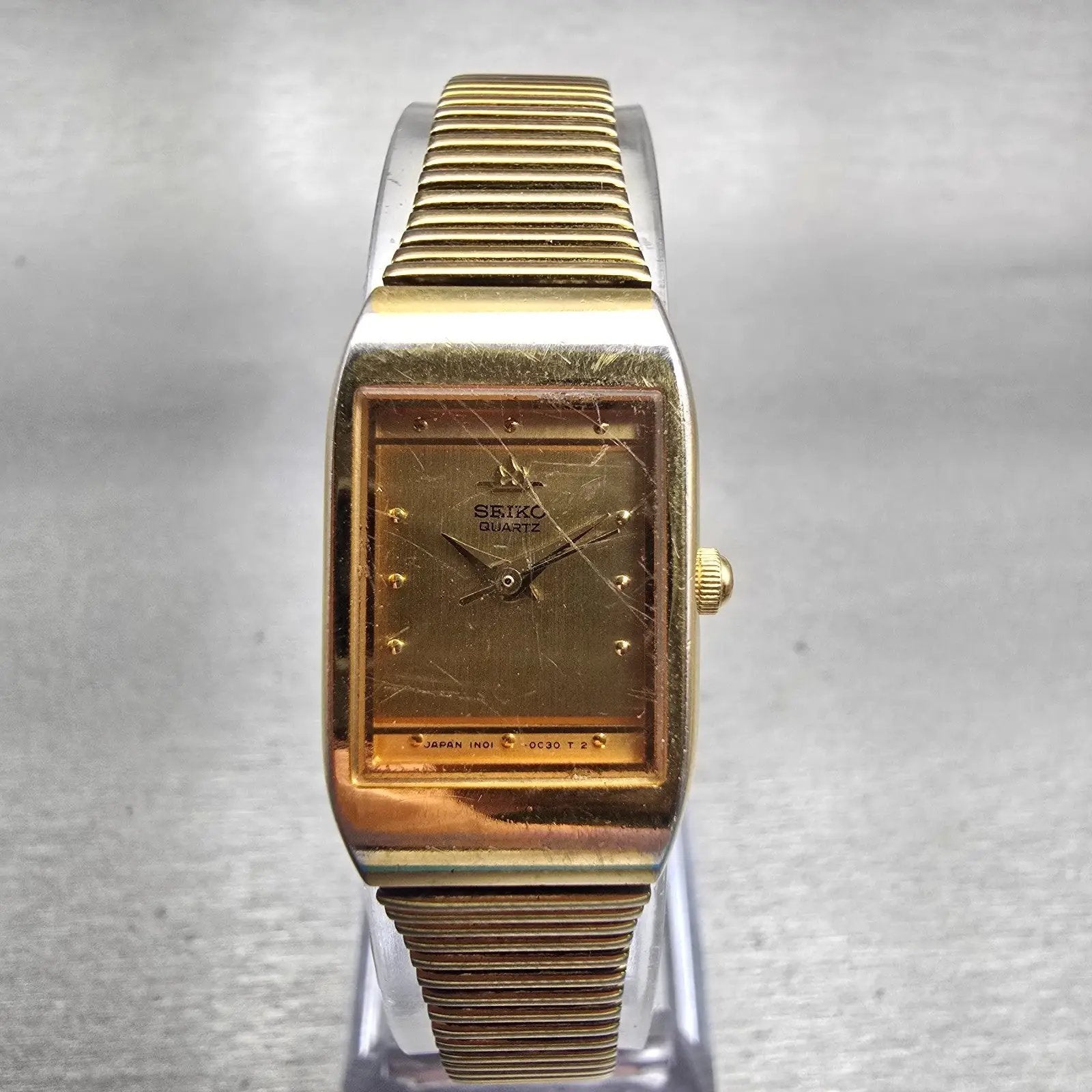 Seiko Watch Women 16mm Gold Dial Gold Tone Rectangle 1N01-5A00 New Battery VTG0