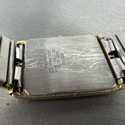 Seiko Tank Watch Men 25mm Champagne Dial Gold Tone Rectangle 7430-5560 PARTS10