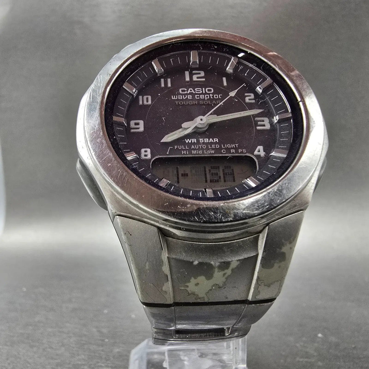 Casio WVA-400J Watch Men 42mm Blue Dial Silver Alarm Chrono Waveceptor PARTS7