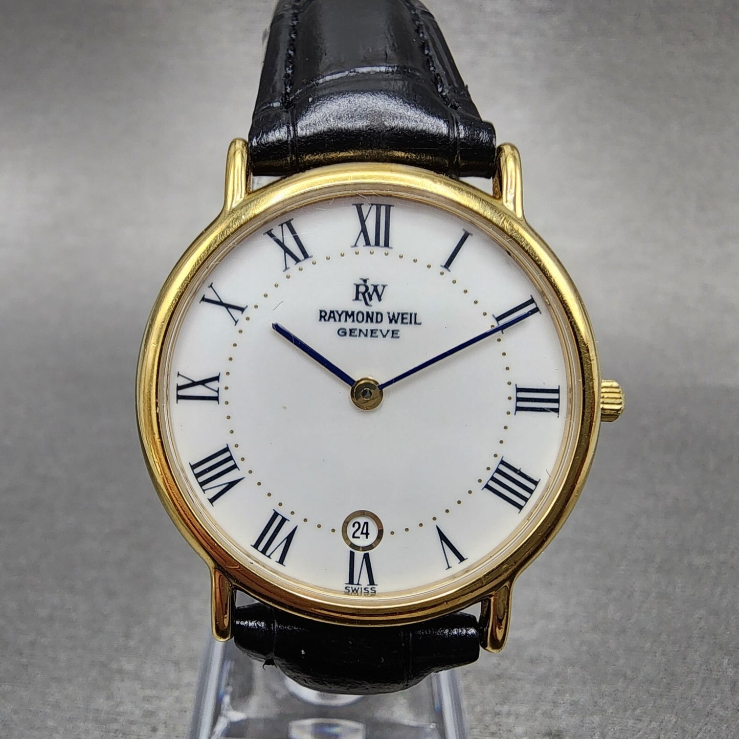 Raymond Weil Watch Men 32mm White Dial Gold Plated Date Round 91242 New Battery0