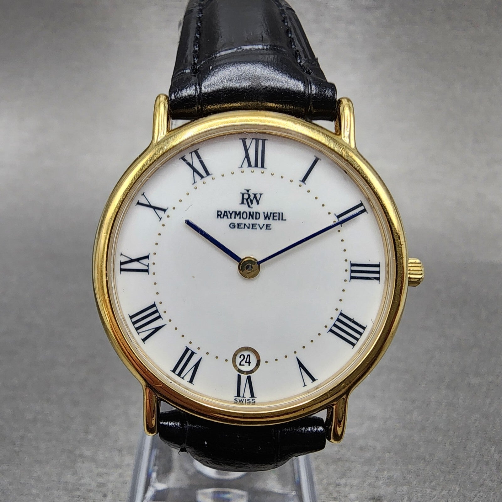 Raymond Weil Watch Men 32mm White Dial Gold Plated Date Round 91242 New Battery0