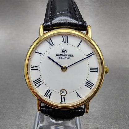 Raymond Weil Watch Men 32mm White Dial Gold Plated Date Round 91242 New Battery0