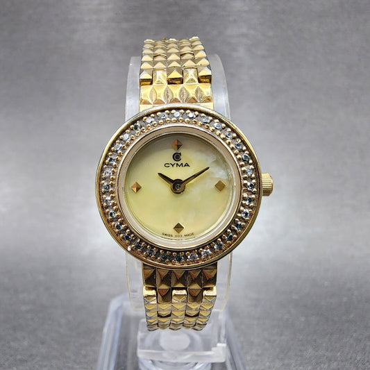 Cyma Watch Women 21mm MOP Dial Gold Tone Crystal bezel Round New Battery