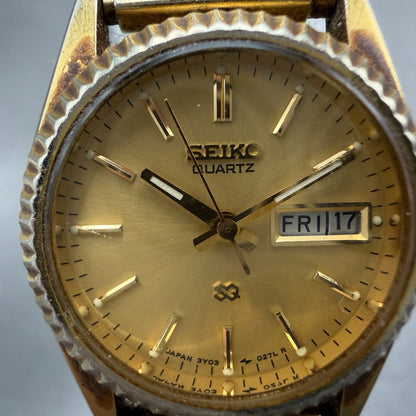 Seiko SQ Watch Women 24mm Gold Dial Gold Tone Daydate 3Y03-0169 New Battery VTG91