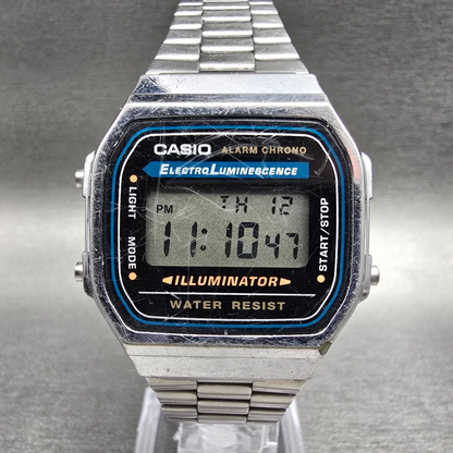 Casio A168 Digital Watch Men 36mm Black Dial Silver Tone Chrono Alarm New Batt0