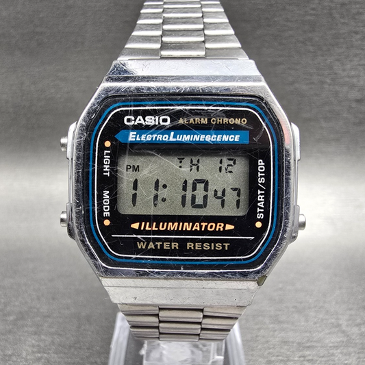 Casio A168 Digital Watch Men 36mm Black Dial Silver Tone Chrono Alarm New Batt0