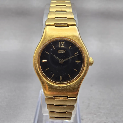 Seiko Watch Women 20mm Black Dial Gold Tone Round 1N00-0C19 New Battery Vintage0
